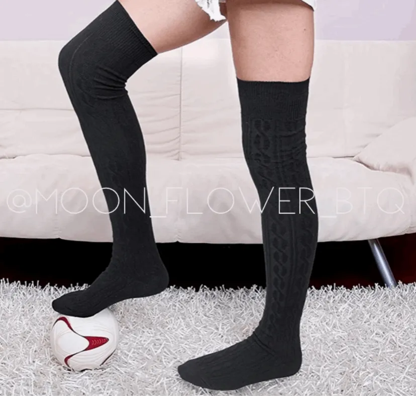 Black Organic Cotton Knit Over the Knee Thigh High Socks