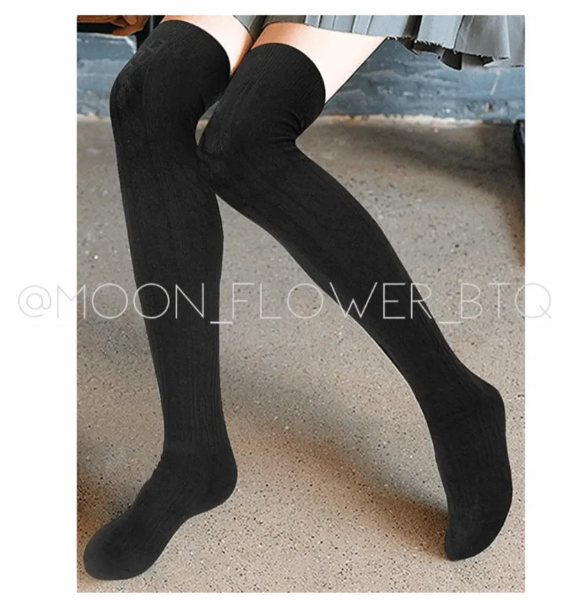 Black Organic Cotton Knit Over the Knee Thigh High Socks