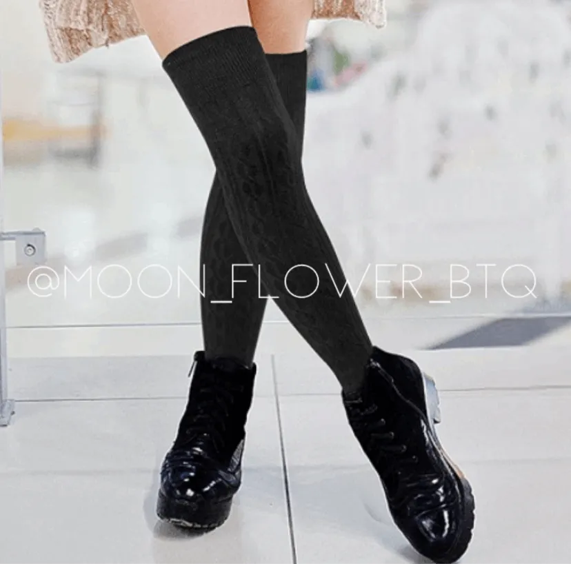 Black Organic Cotton Knit Over the Knee Thigh High Socks