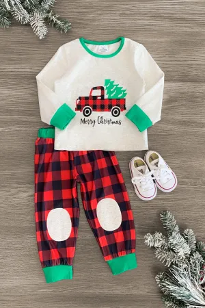 "Merry Christmas" Tree & Truck Plaid Pajama Set
