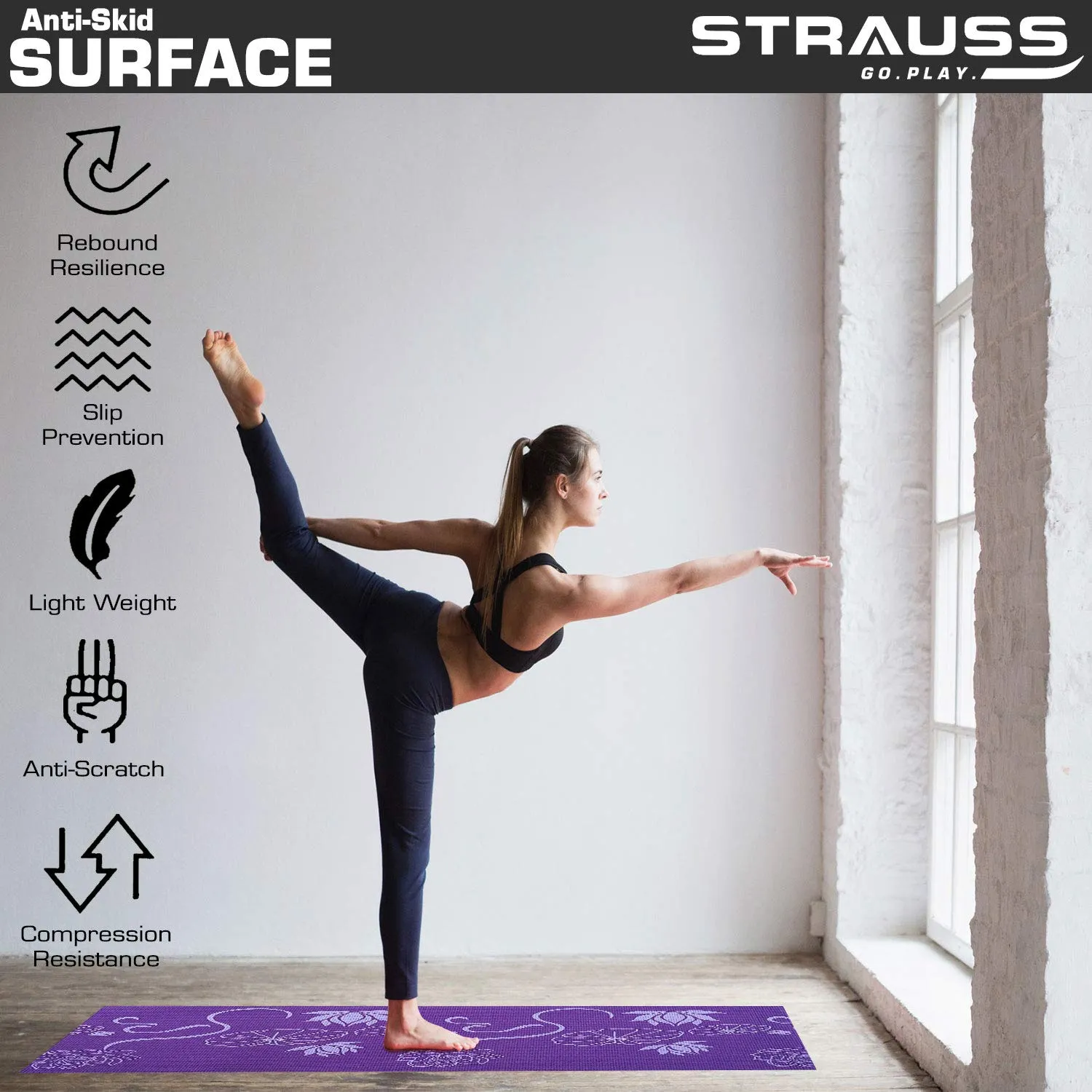 Strauss Yoga Mat 6MM (Floral Green) and Yoga Socks, Dark Purple